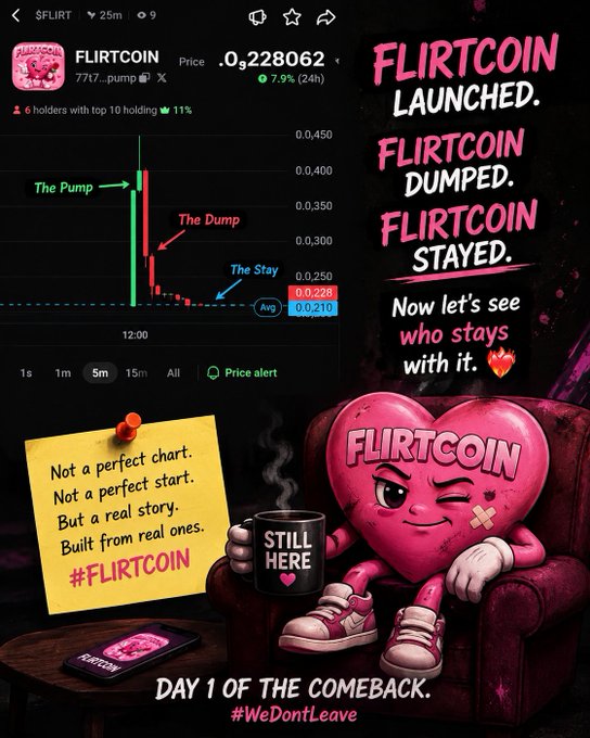 Promotional graphic for FLIRTCOIN cryptocurrency showing its price chart ($FLIRT, 0.0228062, +7.9%) with labels 'The Pump', 'The Dump', and 'The Stay', alongside text 'FLIRTCOIN LAUNCHED. FLIRTCOIN DUMPED. FLIRTCOIN STAYED. Now let's see who stays with it.' and 'DAY 1 OF THE COMEBACK. #WeDontLeave'.