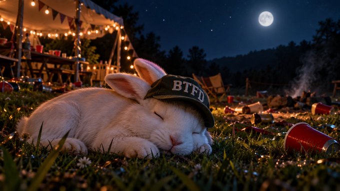 A cozy nighttime scene of a white rabbit sleeping in grass wearing a black cap that reads 'BTFD', surrounded by scattered red plastic cups and string lights with a full moon overhead.
