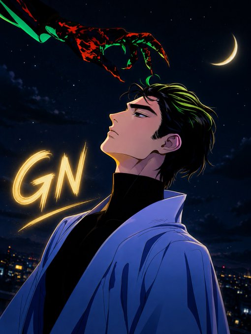 An anime-style illustration shows a young man with dark hair looking up at a night sky with a crescent moon, while a menacing green and red clawed hand reaches down toward him; the initials 'GN' appear in glowing yellow text.