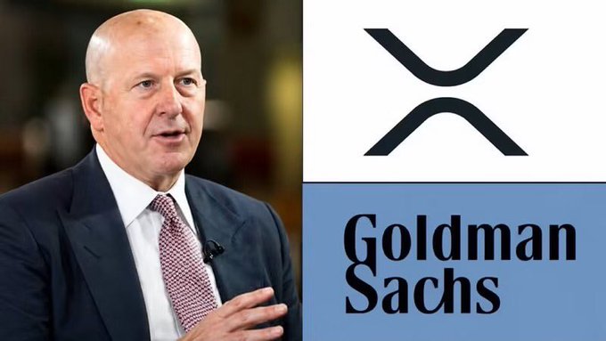 A composite image showing a man in a suit on the left, the XRP logo in the top right, and the 'Goldman Sachs' logo in the bottom right.