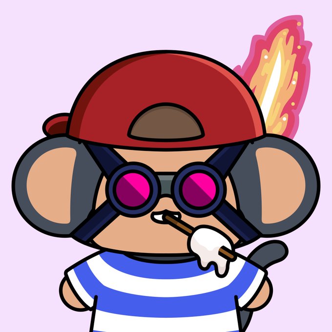 A cartoon-style illustration of a character with large round ears, wearing a red backwards cap, pink-tinted goggles, and a blue and white striped shirt, while lighting a cigarette with a stick.