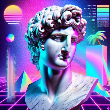A vaporwave-style digital artwork featuring a classical Greek bust with a synthwave retrowave background including neon suns, palm trees, and grid lines.