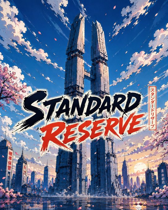An anime-style illustration features a futuristic cityscape with twin skyscrapers, cherry blossoms, and bold text reading "STANDARD RESERVE" along with Japanese characters.