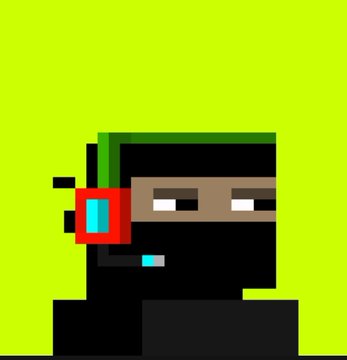 A pixel art character with a green bandana, black face, and a red and cyan device over one eye stands against a bright green background.