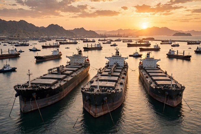 Three large cargo ships are anchored side-by-side in a bustling harbor at sunset, with numerous smaller vessels scattered across the water and mountains silhouetted in the background.

The image of docked cargo ships at sunset symbolizes the steady, consistent labor mentioned in the post—reflecting the idea of staying anchored in daily effort and discipline rather than chasing quick, viral wins.