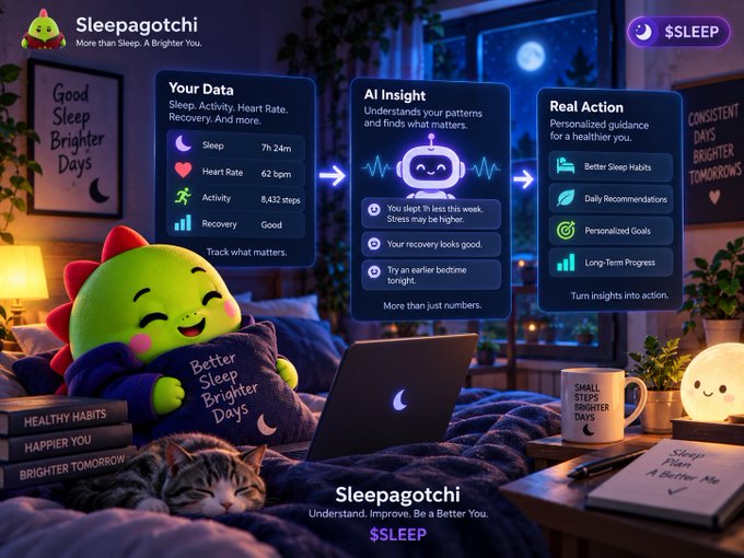 A promotional graphic for 'Sleepagotchi' featuring a green dinosaur mascot, with panels labeled 'Your Data,' 'AI Insight,' and 'Real Action,' along with the token ticker '$SLEEP'.