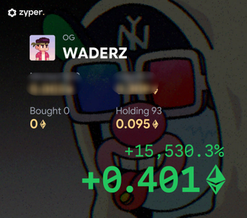 A Zyper portfolio snapshot displays the "OG WADERZ" NFT holding at 93 units, valued at 0.095 ETH, with a profit of +15,530.3% equating to +0.401 ETH, visually confirming the post's claim of a successful free mint that turned into approximately $1,030 in gains.