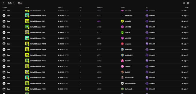 An activity feed on a crypto/NFT platform showing multiple sales of "Retail Shroom" NFTs priced around 0.0095 ETH, all being transferred to the user "Stove11".