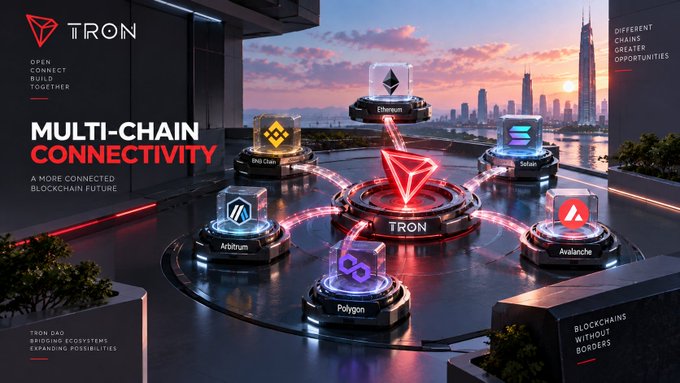 A TRON promotional graphic showcasing 'MULTI-CHAIN CONNECTIVITY' with logos for Binance, BNB Chain, Arbitrum, Polygon, Solana, and Avalanche arranged around a central TRON emblem.
