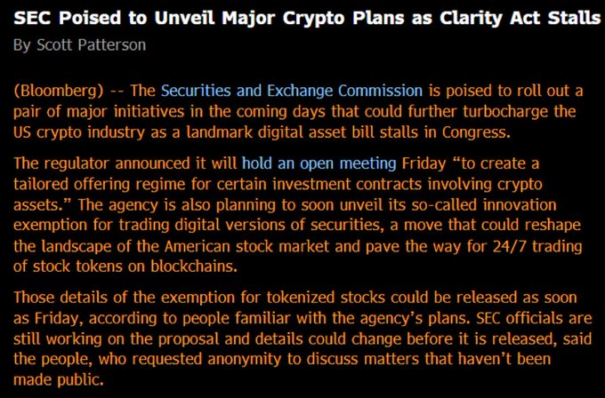 A Bloomberg news article by Scott Patterson titled "SEC Poised to Unveil Major Crypto Plans as Clarity Act Stalls," detailing the SEC's upcoming open meeting to create a tailored offering regime for crypto investment contracts and an innovation exemption for trading tokenized securities.