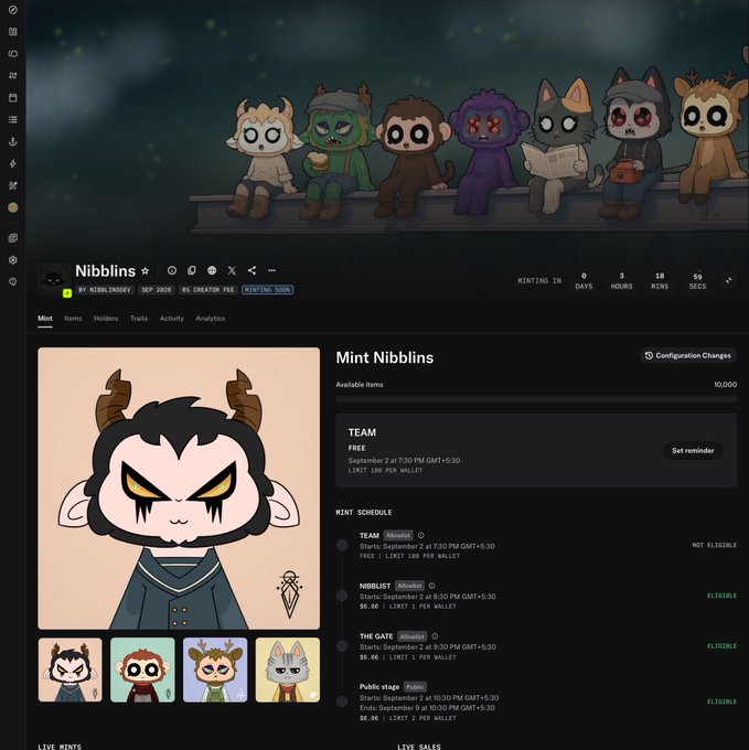 A screenshot of the "Nibblins" NFT minting page shows a TEAM option available to mint for FREE (limit 100 per wallet) starting September 2 at 7:30 PM GMT+5:30, with 10,000 available items. The post relates to the image by confirming eligibility to mint and expressing gratitude to the team for the collaboration drop.