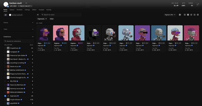 A screenshot of the kanbas-vault NFT wallet interface displays 10 Argonauts tokens (serial numbers #91 through #100) with each valued at approximately 0.402-0.464 WETH, alongside collections including CryptoPunks, Azuki, Fidenza, and various Art Blocks such as Sam Spratt's "Masks of..." and XCOPY's works, consistent with the post's description of an elite collector's holdings.