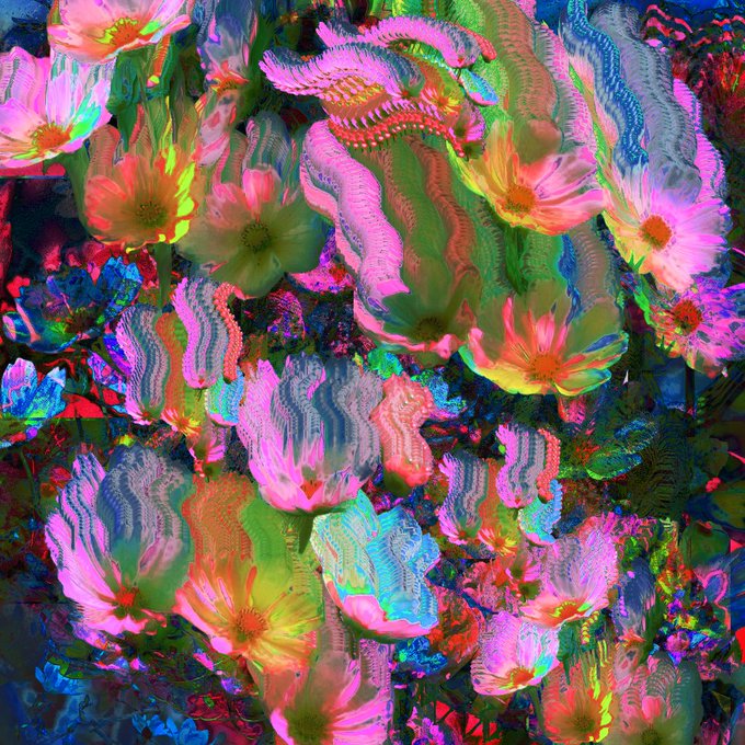 A colorful, abstract digital artwork featuring densely packed, vibrant flowers in pinks, greens, blues, and reds with a distorted, glitchy texture.