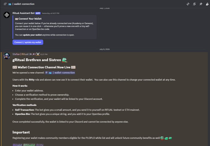 A Discord screenshot shows messages in the #wallet-connection channel from a Ritual Assistant Bot and a user announcing the Wallet Connection Channel is now live, with instructions on verification methods.