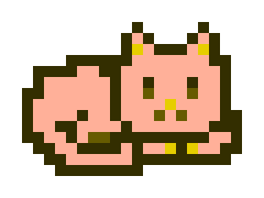 Pixel art illustration of a pink cat with yellow eyes lying down, outlined in dark green.