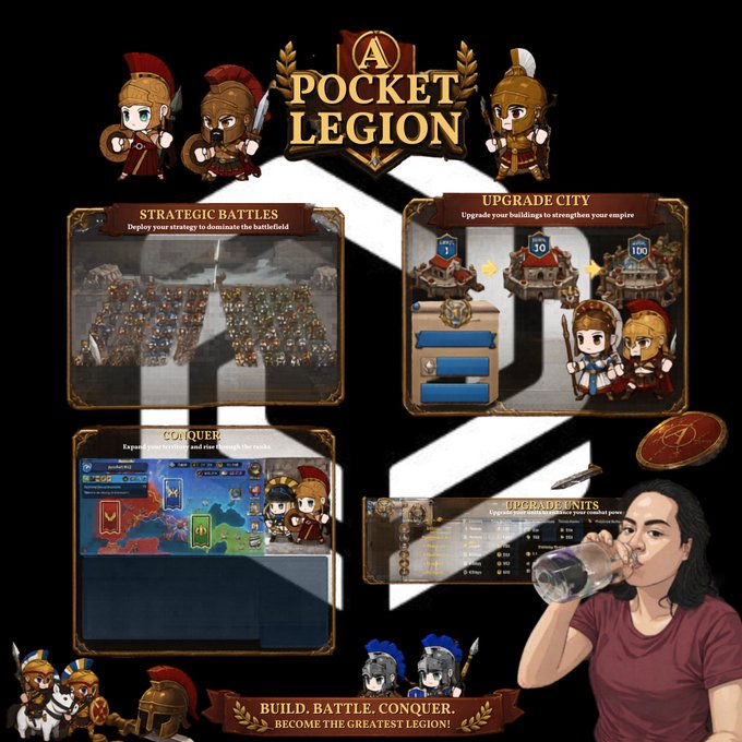 The image features a poster for a video game called Pocket Legion, with a woman drinking water next to it. The poster includes various images of characters from the game, such as a man holding a sword and a shield, along with other gameplay elements like a character's head and a sword. The post also mentions that the game is coming out soon and has already been pre-registration opened by many players.