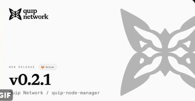 The image is a promotional graphic from Quip Network announcing the release of Quip Node Manager v0.2.1 on GitLab, featuring the project's butterfly logo in the upper left and a large gray decorative butterfly design on the right side, complementing the post's announcement about the new node manager update.