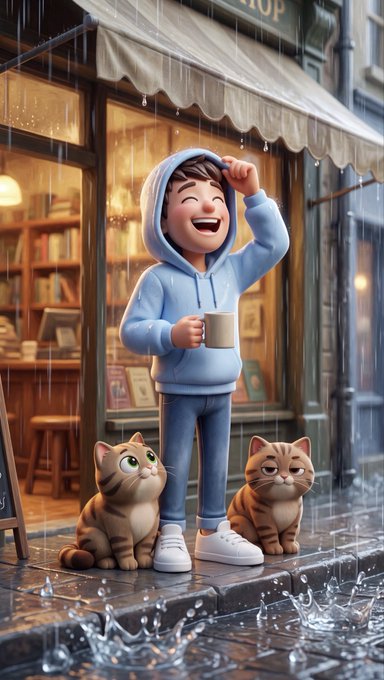 A stylized digital illustration of a smiling boy in a blue hoodie holding a mug of coffee, standing in the rain outside a cozy bookshop, accompanied by two cats.