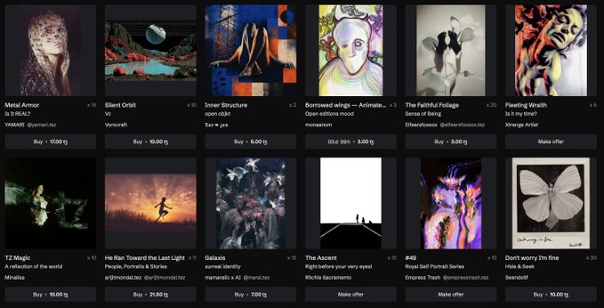 A dark-themed NFT marketplace gallery displaying various digital art listings, including 'Metal Armor', 'Silent Orbit', 'Inner Structure', 'Borrowed Wings', and others priced in tokens like 17.00 tg and 57.00 tg.