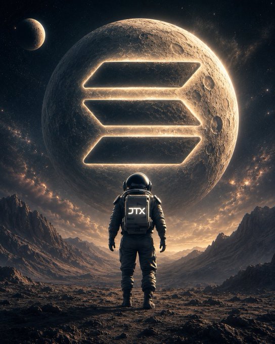 A digital artwork of an astronaut with 'JTX' on the backpack standing on a rocky terrain, facing a large moon featuring the Solana logo.