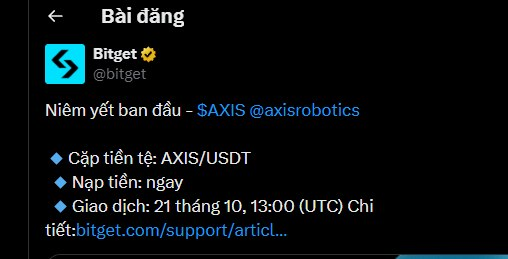 A dark-themed social media post from Bitget (@bitget) announces the listing of $AXIS by @axisrobotics, with trading pair AXIS/USDT and a launch date of October 21 at 13:00 UTC.