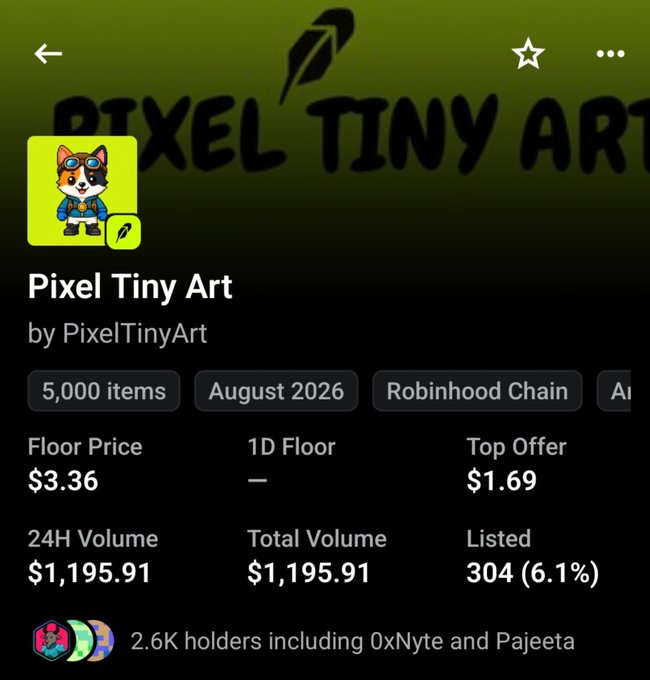 An NFT collection page for 'Pixel Tiny Art' by PixelTinyArt, showing 5,000 items on Robinhood Chain with a floor price of $3.36, top offer of $1.69, and 24H volume of $1,195.91.