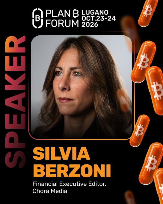 Promotional graphic for the Plan B Forum in Lugano (Oct. 23-24, 2026) featuring speaker Silvia Berzoni, Financial Executive Editor at Chora Media, displayed against a dark background with orange Bitcoin coin graphics and bold red "SPEAKER" text along the left side. The image highlights her role as a featured guest at the cryptocurrency-focused event, aligning with the post's invitation to hear her journalist's perspective on finance and technology.