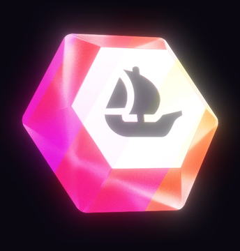 The image features a pink gemstone with a white sailboat icon on top of it. The gemstone has a hexagonal shape and is illuminated by a neon light, creating a striking visual effect against a dark background. The text "GM! I'M sending 1 invite code to OpenSea mobile" is written in the corner of the image, suggesting that there might be an event or promotion related to the gemstone or the OpenSea mobile app.