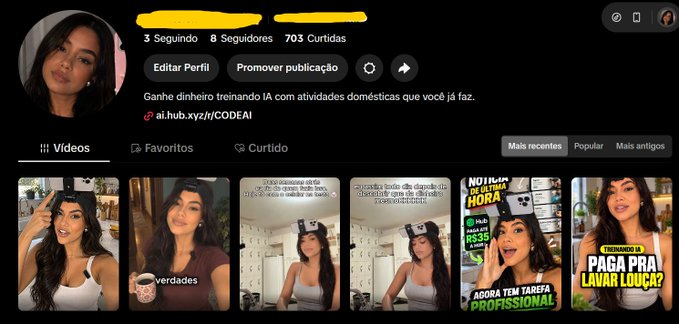 A TikTok profile page showing "3 Seguindo, 8 Seguidores, 703 Curtidas" with the bio "Ganhe dinheiro treinando IA com atividades domésticas que você já faz. ai.hub.xyz/h/CODEAI," promoting an AI training side hustle link, featuring video thumbnails of the influencer engaging in household activities like doing laundry. The image relates to the post's description of building in public in the "side income niche" to promote @hubdotxyz, showcasing how the creator packages domestic tasks as an AI training opportunity for monetization.