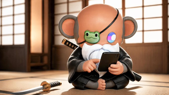 A cute 3D-rendered monkey character with an eye patch, beard, and samurai sword sits in a traditional dojo holding a smartphone, with another sword resting nearby. The scene ties into the post's teasing announcement about something launching on ApeChain this Friday, with the "click click" referencing the character seemingly preparing to engage with or reveal the upcoming news on their phone.