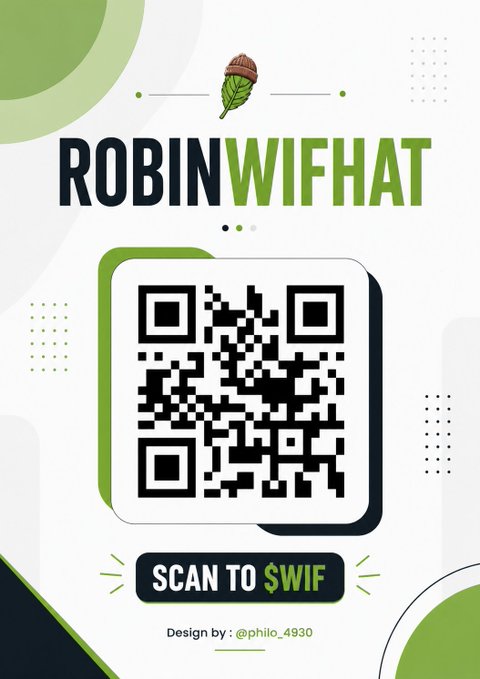 A promotional graphic for "RobinWifHat" featuring a scannable QR code, an acorn icon, and the call-to-action "SCAN TO $WIF," with design credit to @philo_4930, likely shared to support a potential WL application for the Agent Wif NFT project.
