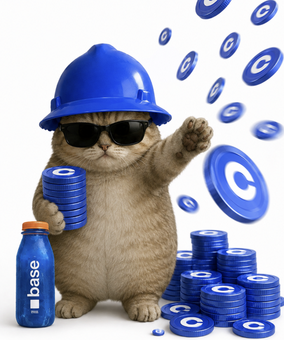 A humorous image of a cat wearing a blue construction hard hat and black sunglasses, standing amidst stacks of blue 'Coinbase' branded tokens and coins, holding a stack of them in one paw.