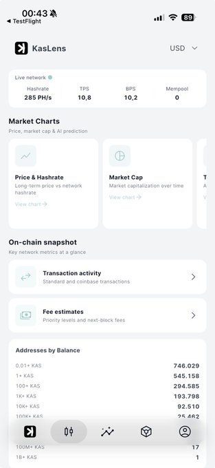 A mobile screenshot of the KasLens app showing live Kaspa network stats including 285 PH/s hashrate, 10.8 TPS, and address distribution by balance.