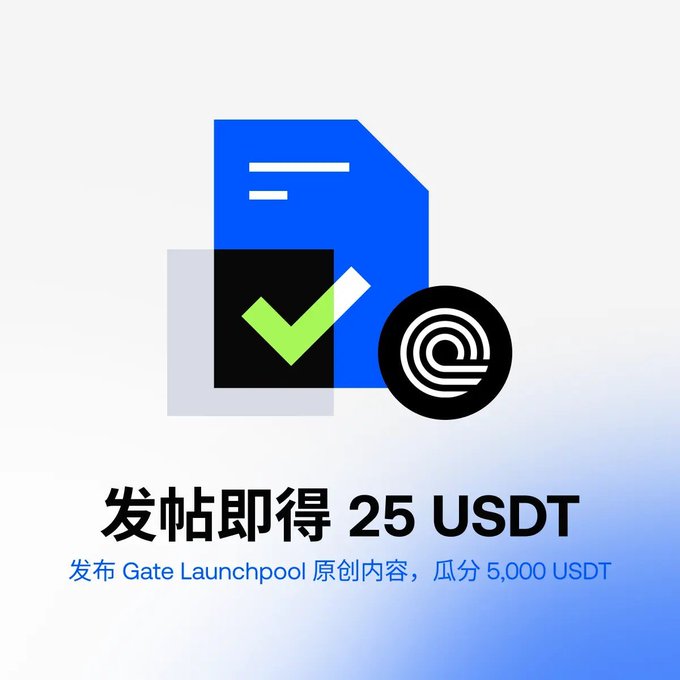 The image is a promotional graphic for a Gate.io campaign, featuring document and checkmark icons alongside the Gate.io logo, with text reading "发帖即得 25 USDT" (Post and get 25 USDT) and "发布 Gate Launchpool 原创内容，瓜分 5,000 USDT" (Publish original Gate Launchpool content to share 5,000 USDT). This relates to the post by illustrating the incentive users receive for creating content about Gate's Launchpool events, complementing the description of the Ondo Intelligent Portfolio campaign.