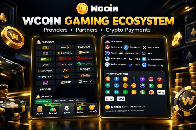A promotional graphic for 'WCOIN GAMING ECOSYSTEM' showcasing Providers, Partners, and Crypto Payments, listing various gaming companies, partners like Binance and OKX Wallet, and accepted currencies.