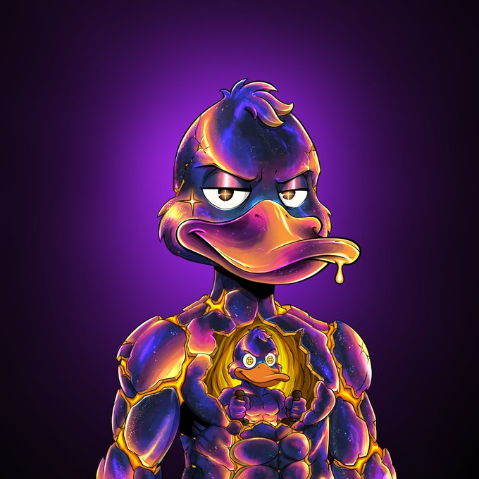 A digital illustration of a menacing, glossy purple and gold duck-like character with a smaller, muscular duck emerging from its chest against a purple background.