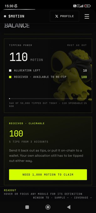 The image shows a "BALANCE" screen for the $MOTION platform with "TIPPING POWER" of 110 MOTION, allocation details, and a yellow "NEED 1,000 MOTION TO CLAIM" button at the bottom. It illustrates the user's complaint that the withdrawal threshold has increased to 1,000 MOTION, matching their statement about previously being able to withdraw smaller amounts before the requirement jumped.