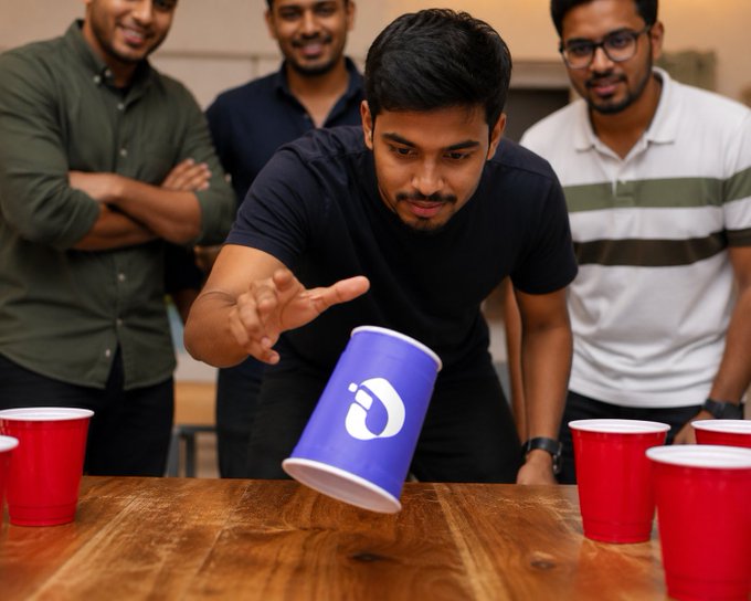 A young man playing beer pong at a wooden table, tossing a blue plastic cup into the air while others watch the game.
