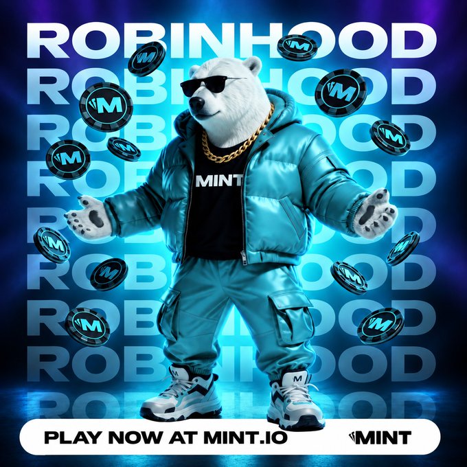 A promotional graphic features a polar bear wearing sunglasses and a teal puffer jacket surrounded by 'M' coins, with text reading 'ROBINHOOD' and 'PLAY NOW AT MINT.IO'.