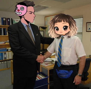 An office scene with two people shaking hands, where their faces are obscured by cartoon drawings—one of a man with a pink mask, and the other of a smiling anime girl.
