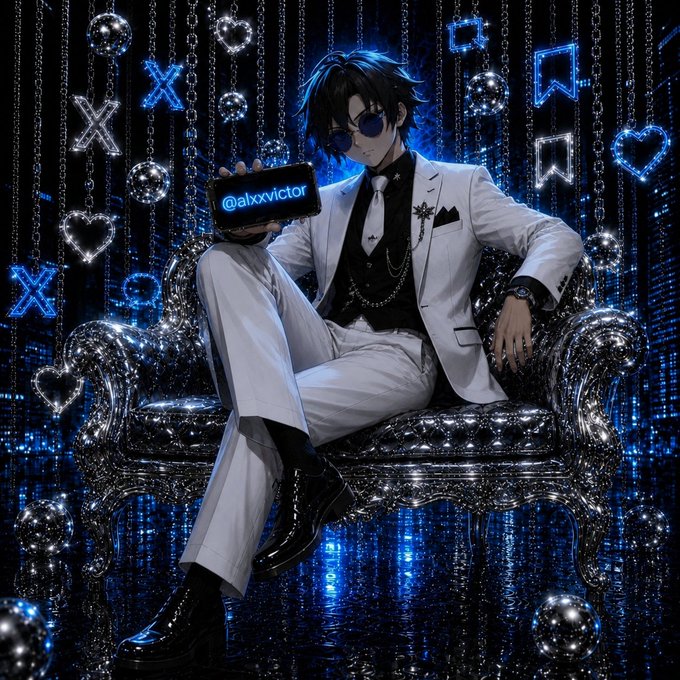 An anime-style illustration features a character in a white suit and sunglasses sitting on a silver throne holding a phone displaying "@aloxvictor," surrounded by glowing blue hearts and chains.