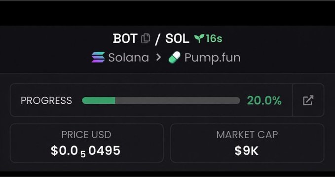 A Pump.fun trading chart shows the $BOT token on Solana at $0.0495 USD with a $9K market cap and 20% bonding curve progress, matching the post's claim of a "super-early alpha" opportunity with a tiny cap and fresh momentum just beginning to build.