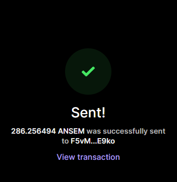 A transaction confirmation screen showing a successful transfer of 286.256494 $ANSEM to the address F5vM...E9ko, linking to view the transaction on the blockchain, which corresponds to the airdrop of $50 in $ANSEM tokens sent by @fwmaverickk as mentioned in the post.