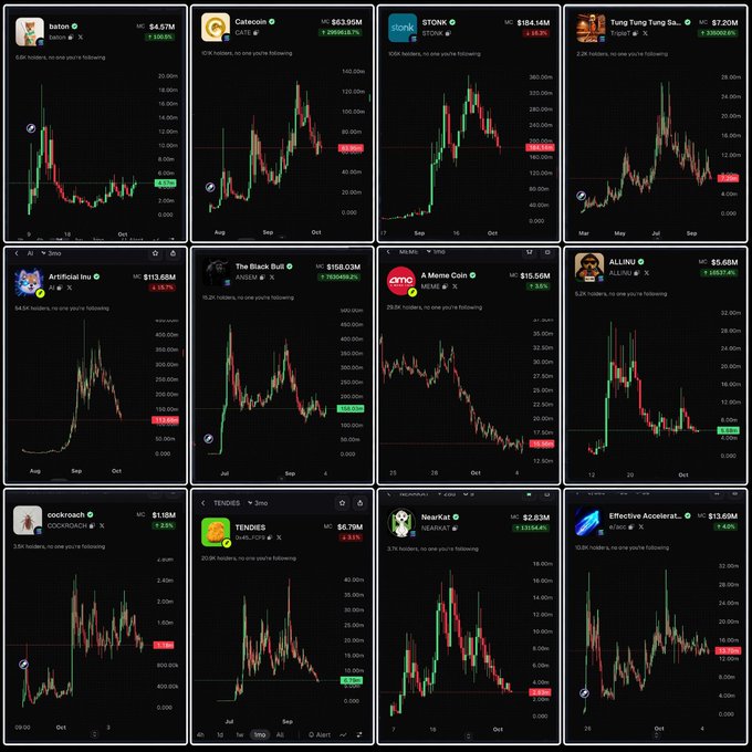 A grid of cryptocurrency price charts on a trading platform showing various meme coins including baton, Catecoin, STONK, Tung Tung Tung Sahur, Artificial Intelligence, The Black Bull, A Meme Coin, ALLINO, cockroach, TENDIES, NearKat, and Effective Accelerator, all showing significant price gains.
