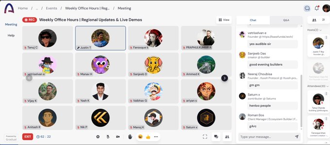 A screenshot of a virtual meeting platform showing a grid of participant avatars (mostly illustrated cartoon faces) with names like 'Tanuj C', 'Justin T', and 'Farooque k' during a 'Weekly Office Hours | Regional Updates & Live Demos' session, with a chat panel on the right.