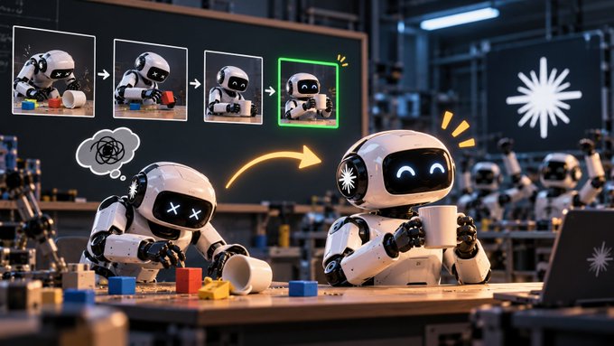 An AI concept art image featuring a learning robot with X eyes transitioning to a happy robot holding a coffee mug, with a thought bubble showing a frustrated face, illustrating a journey from failure to success.