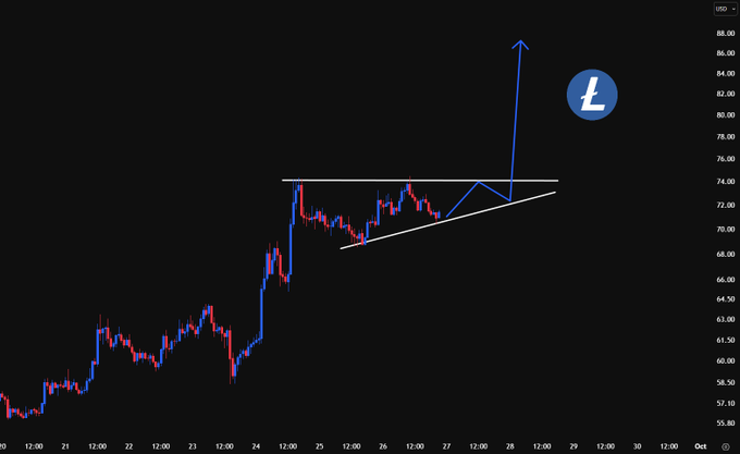 A cryptocurrency candlestick chart for Litecoin (LTC/USD) shows a breakout from an ascending triangle pattern around the $74 resistance level, with a large blue arrow projecting a sharp upward move toward $88, illustrating the bullish prediction referenced in the post.