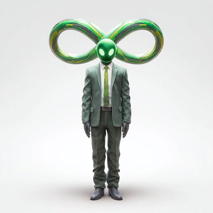 A figure in a green business suit and tie stands with a large green, infinity-like symbol shaped like an alien or spinner rising above its head — visually evoking the "Green Mercury" MerMaid alien mascot associated with $WIRE (Merdog), whose buy-side volume is highlighted in the post.