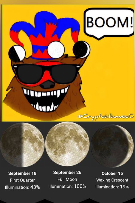 The image features a cartoon bear ("Cryptobilbuwoo") wearing a jester hat and sunglasses with a "BOOM!" speech bubble, positioned above three moon phases showing September 18 (First Quarter, 43%), September 26 (Full Moon, 100%), and October 15 (Waxing Crescent, 19%), illustrating lunar cycles in crypto meme fashion.