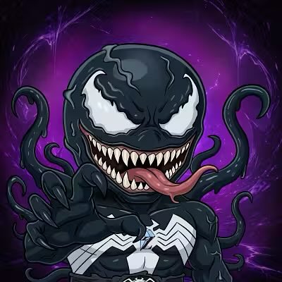 A cartoon illustration of a Venom-style character with a black symbiotic body, white spider emblem, sharp teeth, and pink tongue, set against a purple background.